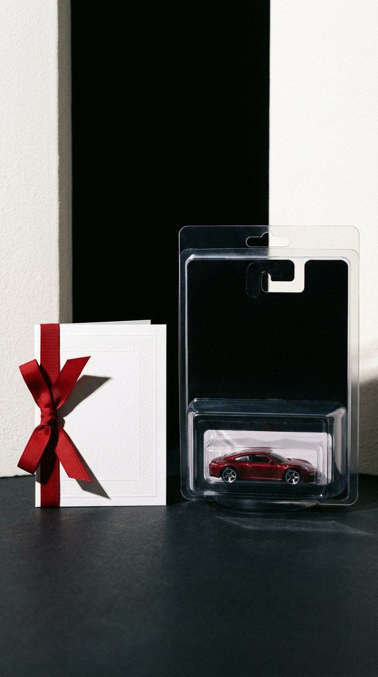 A collector keepsake card beside a die-cast car